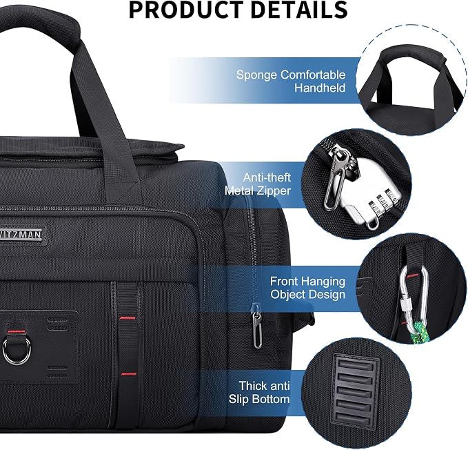 WITZMAN Duffle Bag for Men Large 49L Convertible Nylon Travel Sports Bag | With Shoe Compartment and Dry-wet Pocket, Fits 16" Laptop, Carry On, For Gym, Weekender, Overnight Trips, B719 Black - Image 7