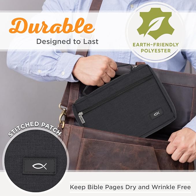 Christian Art Gifts Polyester Bible Cover for Men & Women w/Jesus Fish Patch, Secure Zipper Pocket, Pen Loops, Easy Carry Book Case for Stationery, Accessories, Black, XL - Image 3