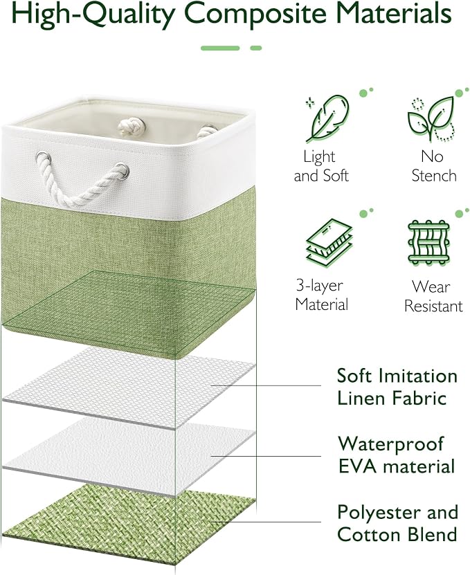 Patvingot 11-Inch Fabric Cube Storage Bins with Handles,6 Pack,Foldable | For cube shelves and closets,keeps grouped for everyday access,reinforced opening and fold-flat storage,white and green - Image 3
