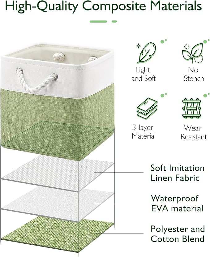 Patvingot 11-Inch Fabric Cube Storage Bins with Handles,4 Pack,Foldable | For cube shelves and closets,keeps grouped for everyday access,reinforced opening and fold-flat storage,white and green - Image 3