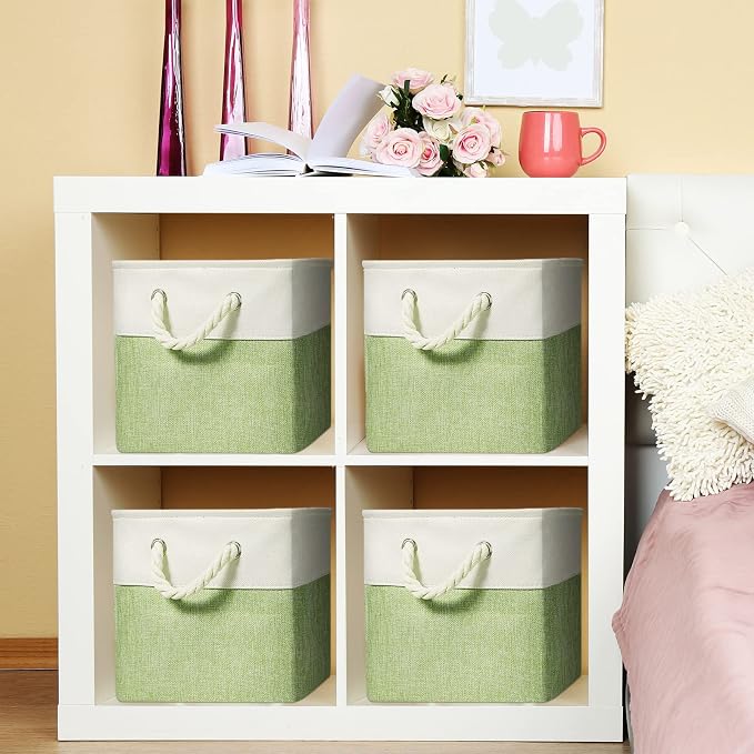 6 Pack 11x11 Inch Green Cube Storage Bins Square Fabric Cube Baskets Handle | Foldable Fabric Organizer with Sturdy Rope Handles, Home Closet Bin for Shelves, Durable Cube Baskets Bulk for Home Storage - Image 6