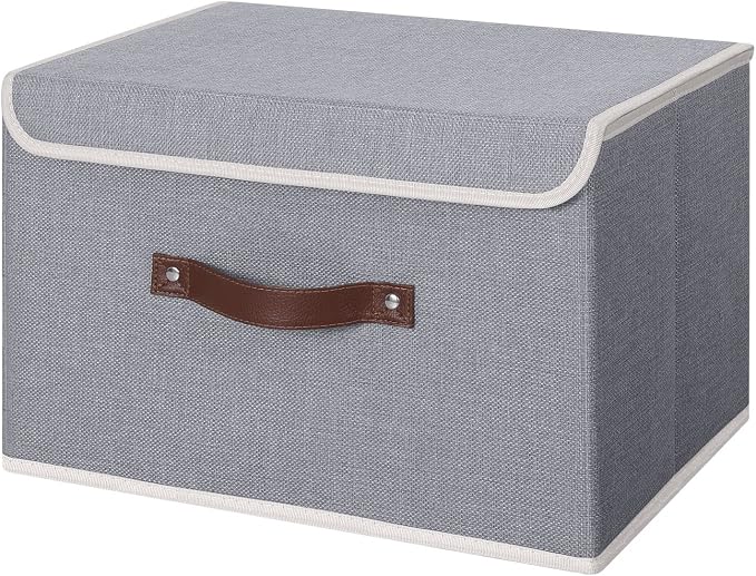 ANMINY Fabric Storage Box Bins with Lids, Gray, 15"x10"x10" | Keepsake Memory Storage, Cotton Linen, PP Board Reinforced, Washable, PU Handles, Foldable & Stackable, Decorative, Large by ANMINY