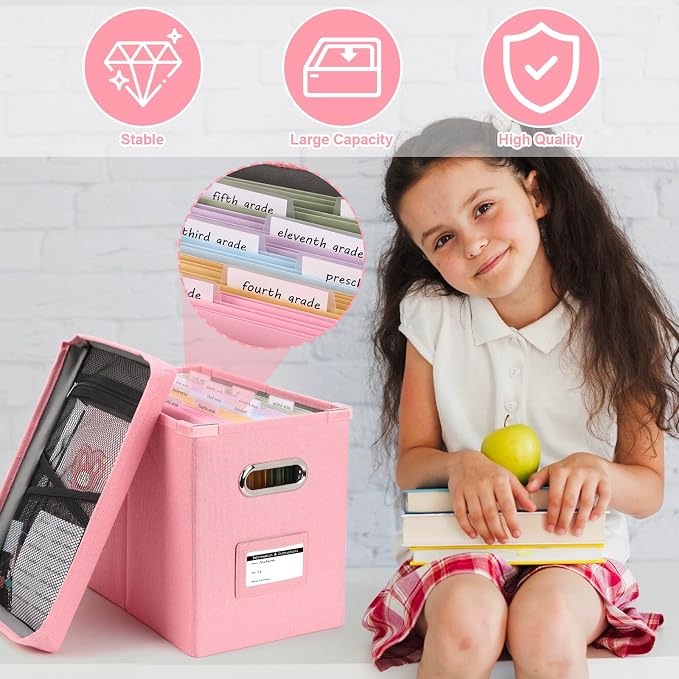 DOSTATNI School Years Organizer Kit K-12 School Years Memory Keeper with 15 Hanging File Folders Plastic 4 different Labels Memory Keepsake Box for kids Storage Pictures File Keeper (Pink) - Image 6