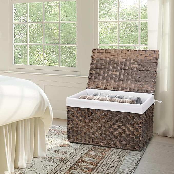 Wicker Storage Basket with Lid, 42.3 Gallon (160L) Large Blanket Basket with Lid, Woven Storage Bin with Handles, Removable Liner, Metal Frame, Foldable, for Bedroom, Laundry Room, Brown - Image 6
