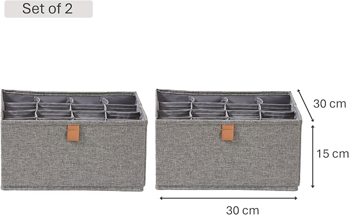 LOVE IT STORE IT Premium Drawer Organiser System, 2-Piece Linen Wardrobe Organiser, Reinforced, 16 Compartments for Socks, Underwear, Grey, 30 x 30 x 15 cm - Image 3