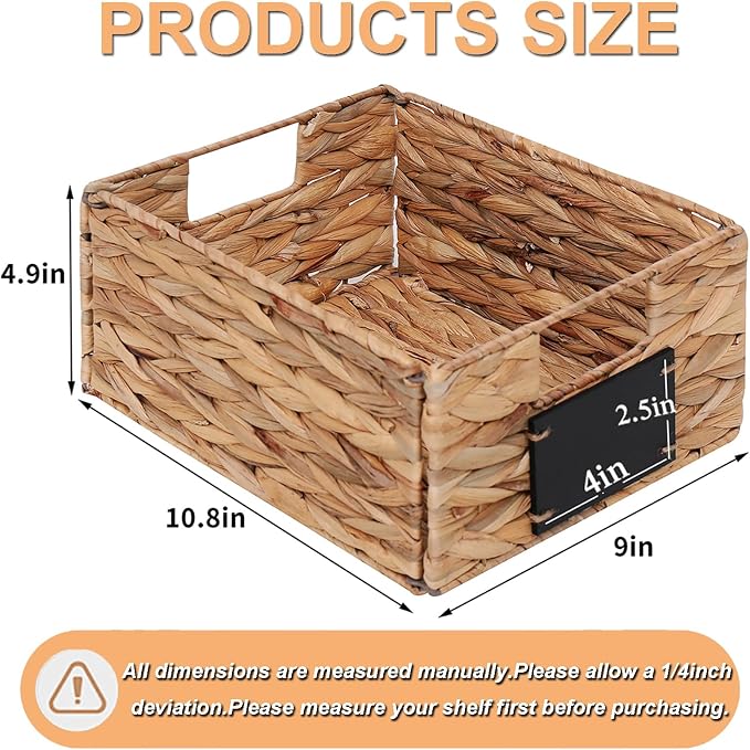 Woven Storage Baskets with Chalk Labels, 10.8x9x4.9 Inch, 4 Pack | Foldable Rectangular Water Hyacinth Organizers with Built-in Handles for Shelves, Pantry, Closet - Image 5
