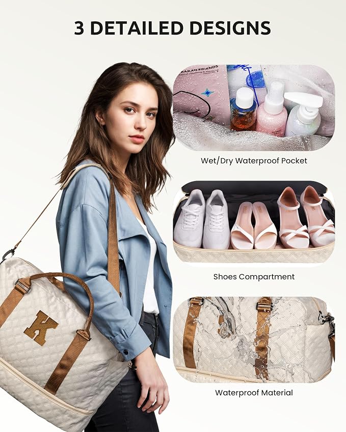 Birthday Gifts for Women-Initial Duffle Bag with Shoe Compartment | Monogrammed Gifts for Women-Personalized Weekender Bags, Travel Bag with Makeup Bags, Friend Wife Birthday Gift (Letter C) - Image 6