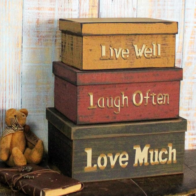 Primitive Vintage Rectangular “Live Well, Laugh Often, Love Much” Cardboard Nesting Boxes, Large 12 X 9 X 5-1/2 Inch. Set of 3. - Image 4