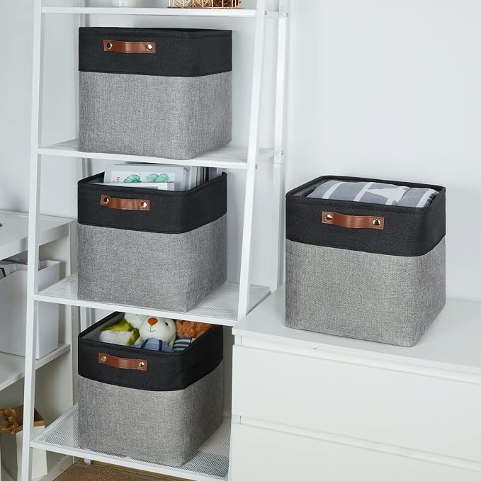 Temary Storage Baskets 12x12 Fabric Cube Storage Bins, 4 Pack Large Baskets with Handles, Baskets for Organizing Towels, Blankets, Collapsible Storage Basket (Black&Gray) - Image 5