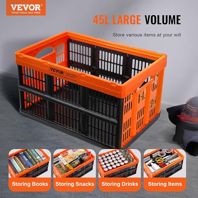 VEVOR 45L Plastic Collapsible Storage Basket 3 Packs, Folding Storage Crate | For Clothes, Toys, Books, Snack and Grocery Organizing, Folding Stackable Storage Containers/Bins with Handles, PP Material - Image 2