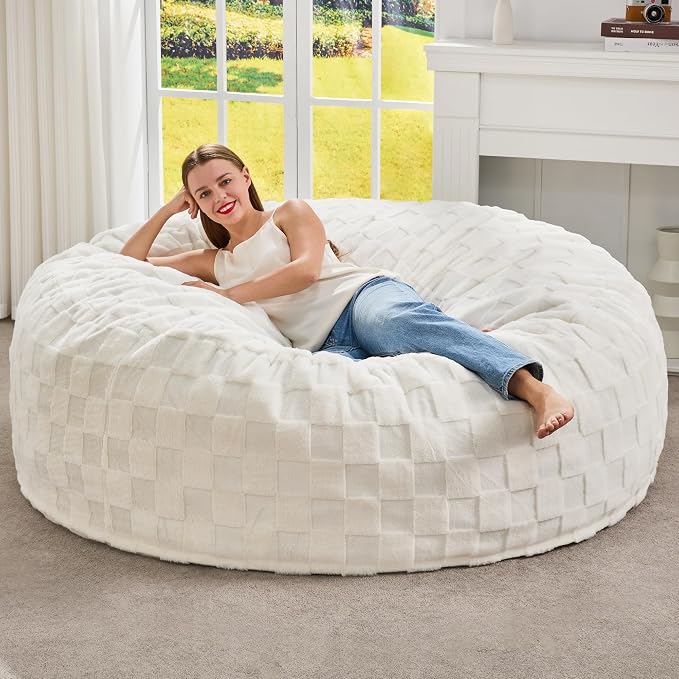 Hobestluk Adults Bean Bag Chair 5FT Big BeanBag Chair Giant Large Oversized | Memory Foam,Washable Cover,Unique Fluffy Plaid,Comfy Big BeanBag with Filler Lounging Reading Bedroom Living Room | White 5FT by YourHomeDeservesMore