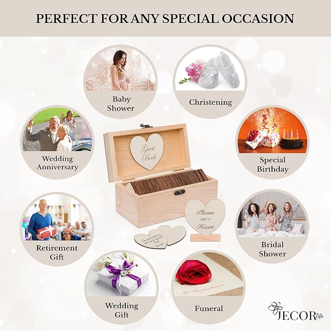 Jecor Alternative Guest Book Box - Wedding Guest Book Alternative - | 62 Large Wooden Hearts - Baby Shower, Bridal Shower, Anniversary, Birthday, Retirement, Funeral Guest Book Alternatives - Image 4
