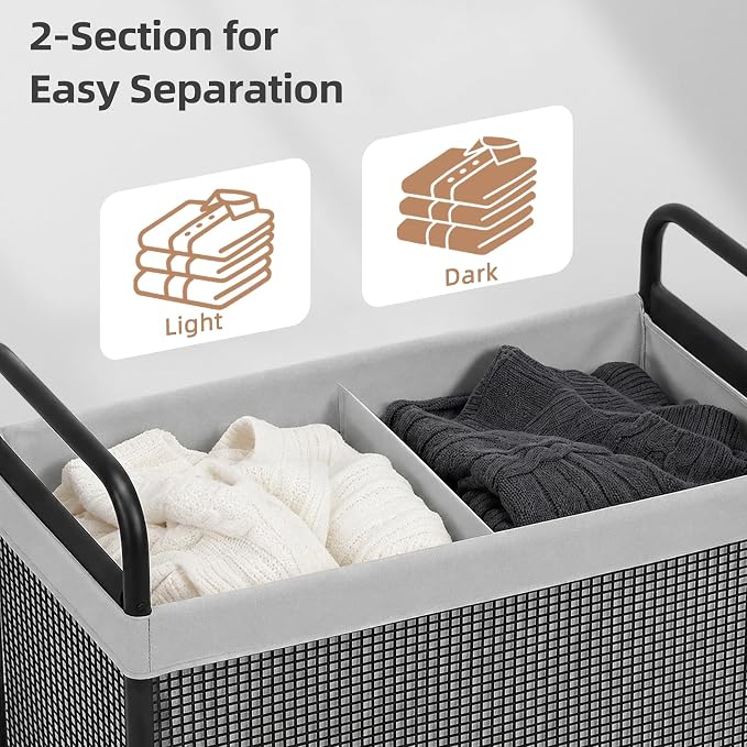 STORAGE MANIAC Rolling Laundry Hamper with Wheels 2-Section Laundry Sorter Rolling Laundrys Basket on Wheels with Removable Bag Clothes Hamper Laundrys Organizer Cart Bathroom Bedroom 100L Grey - Image 6