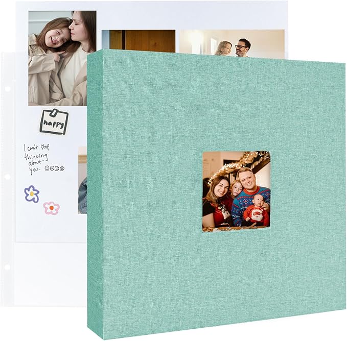 3 Ring Binder 12x12 Inch Large Scrapbook Photo Album, Linen Cover Scrap Book with 30 Plastic Sleeves 60 Pages 12 x 12 Scrapbooks White Pages for Wedding Couples Baby Travel Women kids (Cyan Blue) by LUOCCHI