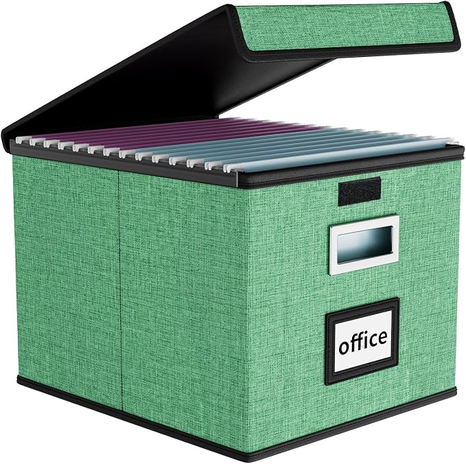 File Organizer Box with Lids, Collapsible File Folder Organizer | File Box with Plastic Slides for Document, Filing Bin for Letter Size Hanging File Folders (1 Pack, Light Green) by Huolewa