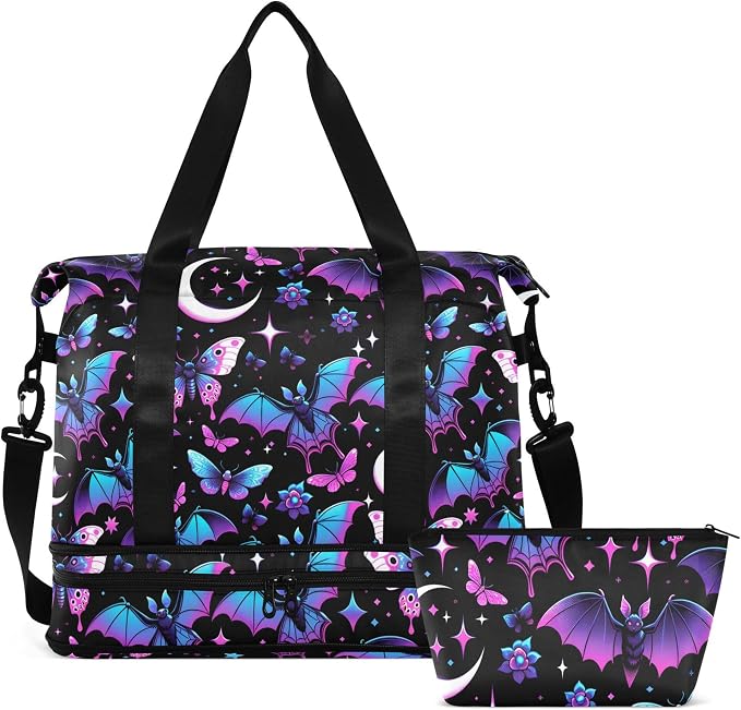 Travel Duffel Tote Bag Neon Purple and Bats Stars and Moons Sports Duffel Bag with Wet Pocket Weekender Overnight Bag for Women Men Gym Bag, Carry On Bag Hospital Bag for Labor and Delivery by MNSRUU
