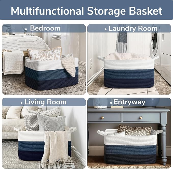 Goodpick Large Woven Rope Blanket Basket, Rectangle, Light Blue | 21.6'' x 14.9'' x 11.8'' Storage Basket for Toys, Books & Blankets, Bedroom & Nursery Organization, Reinforced Handles - Image 4