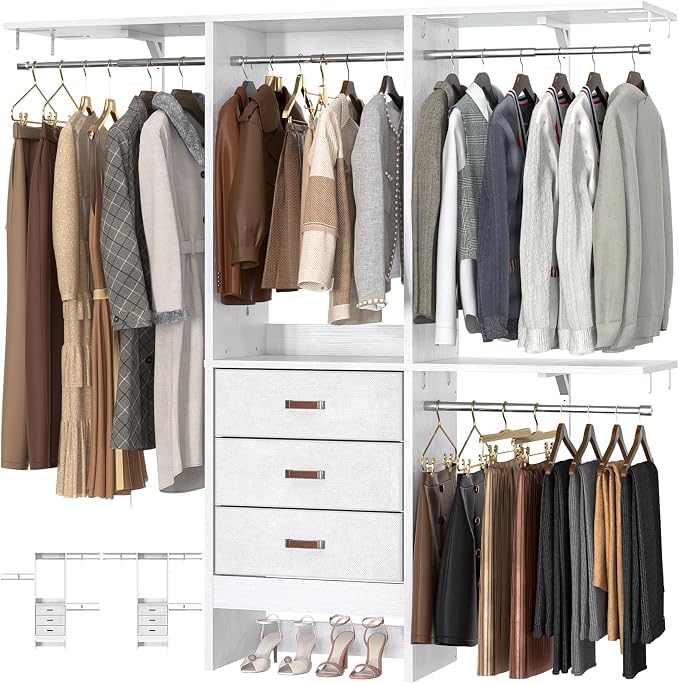 5FT Small Closet System with 3 Fabric Drawers, 60 Inches Walk In Closet Organizer System With 3 Adjustable Shelves, Heavy Duty Clothes Rack Built-In Garment Rack, 59" L x 16" W x 71" H, White by Armocity