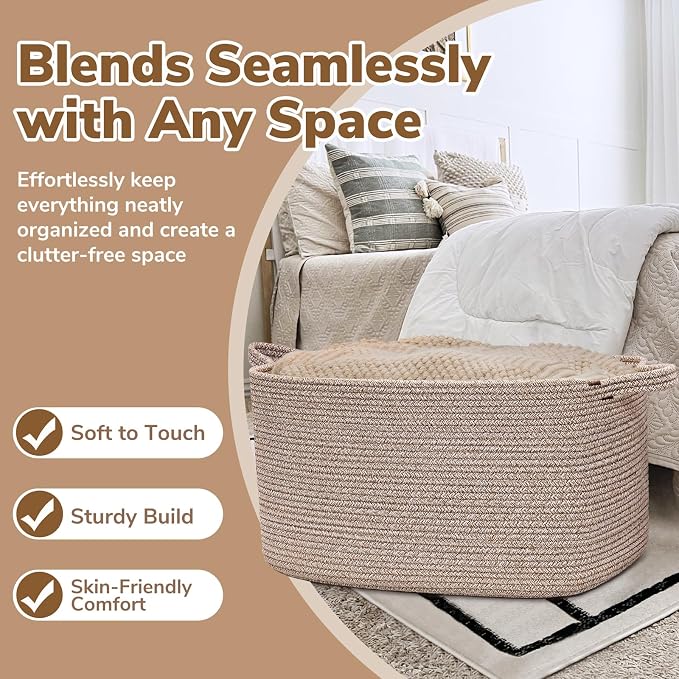Goodpick Large Woven Rope Blanket Basket, Rectangle, Brown, 75L | 21.6'' x 14.9'' x 11.8'' Storage Basket for Blankets, Toys & Clothes, Living Room & Nursery Organization, Reinforced Handles - Image 5