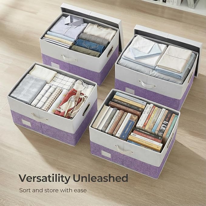 Storage Bins with Lids [3-Pack] Linen Fabric Foldable Storage Boxes Organizer Containers Baskets Cube with Cover for Bedroom Closet Office White&Purple (23.4X15.9X11.4) - Image 6