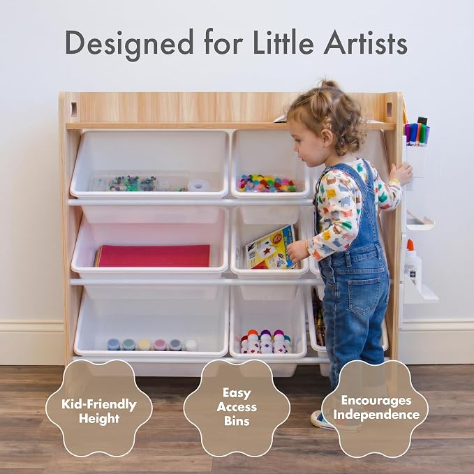 Humble Crew Kids Toy Organizer with Display Shelf, 9 Bins, 3 Tier Storage | Sturdy wood and steel toddler shelf, removable BPA-free containers, wall anchor anti-tip safety kit for bedroom or classroom - Image 3