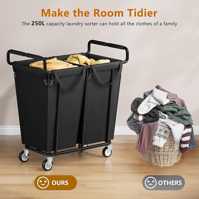 Gewudraw 2 Bag Laundry Hamper with Wheels Medium Size, 250L, Black | Rolling Laundry Basket, Steel Frame, Removable Liner, Heavy Duty Rolling Laundry Cart with Handle for Laundry Room, Bathroom - Image 3