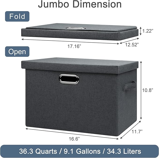 Graciadeco Large 17" 36 Quart Collapsible Stackable Storage Bins with Lids, 5 Packs Dark Gray Foldable Fabric Closet Storage Boxes with Lids Heavy-duty Linen Cube Baskets(17 x 12 x 11) | 36 Quart 5 Pack Dark Gray Collapsible Stackable Linen Fabric 4 Ha... - Image 2