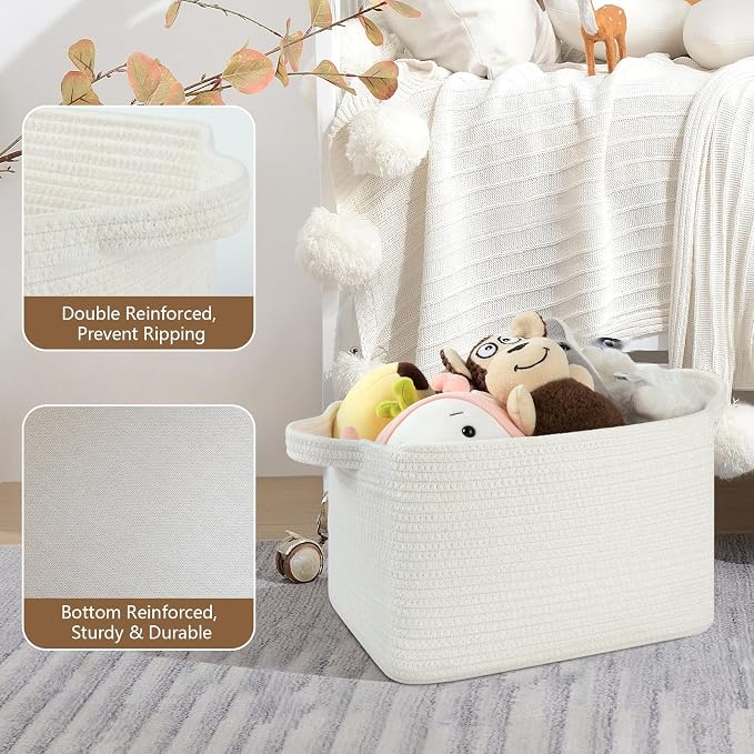 OIASKET Storage Baskets for Organizing, Woven Baskets for Shelves, Rectangle Decorative Organizer for Storage Clothes, Toy, Books, Towels Nursery Bins 3 Pack (White, 13"x9.85"x8.7") - Image 3