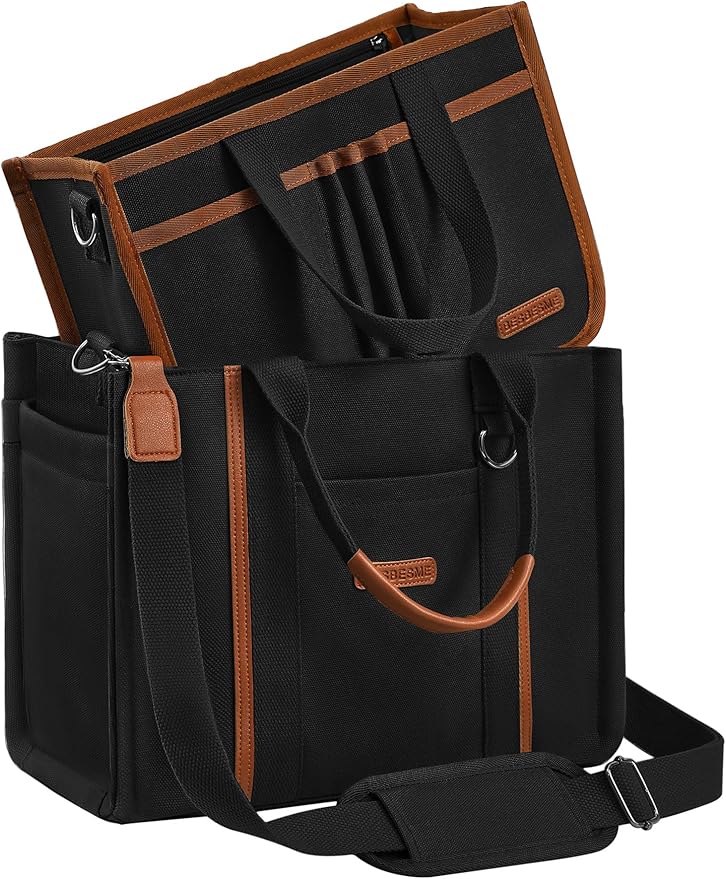 BESBESME Women’s Canvas Tote Bag with Zipper and Compartments – Multi-Pocket Laptop Work Crossbody Shoulder Tote Purse by BESBESME