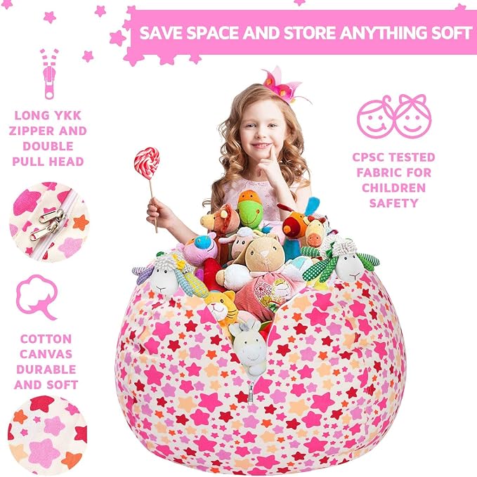 WEKAPO Stuffed Animal Storage Bean Bag Chair Cover for Kids | Stuffable Zipper Beanbag for Organizing Children Plush Toys Large Premium Cotton Canvas (Small Star, X-Large) - Image 6