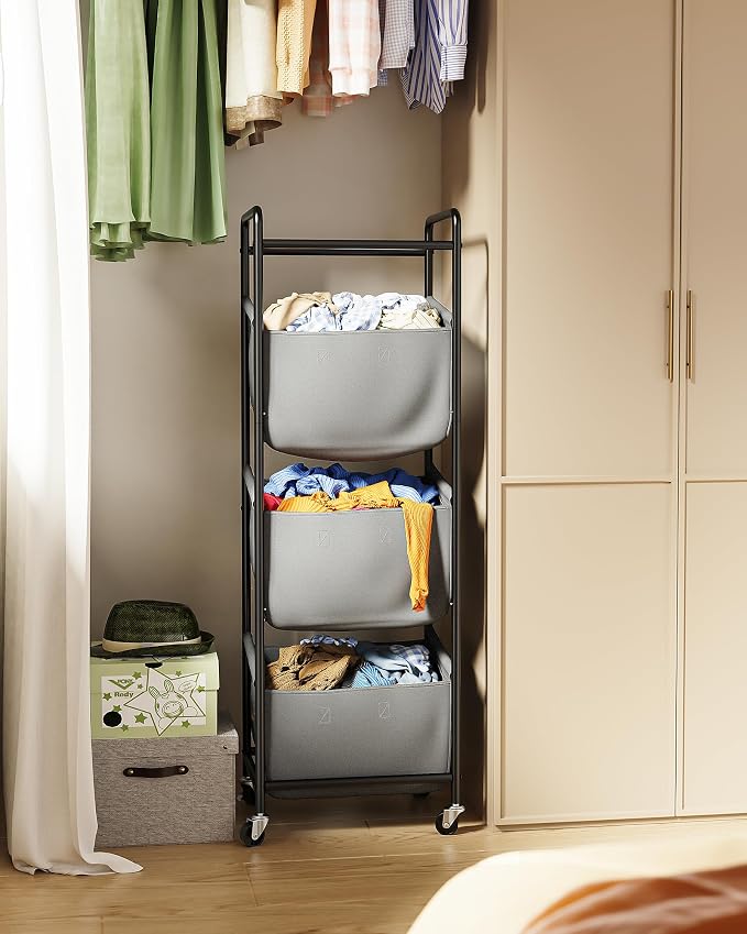 3 Section Laundry Sorter with Removable Bags, 120L Rolling Vertical Laundry Hamper, Stackable Laundry Baskets organizer for Bathroom, Apartment, Dorm (Gray, With Wheel) - Image 6