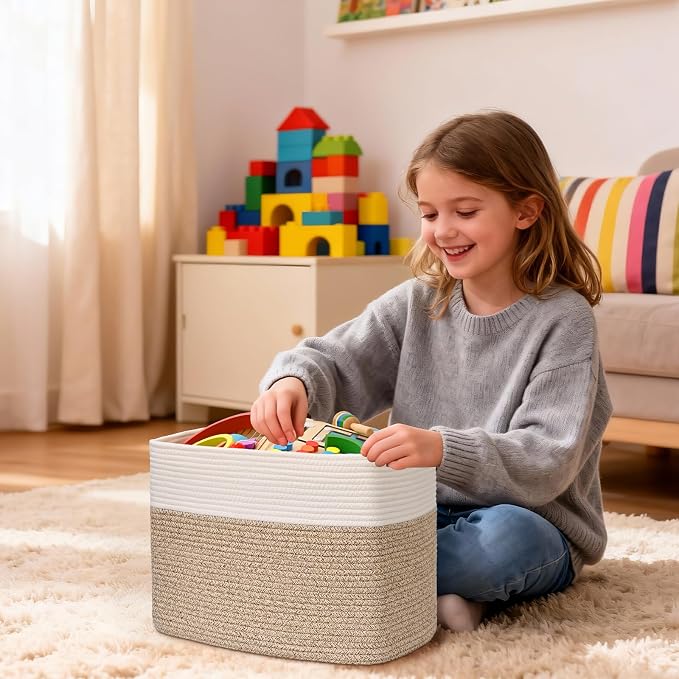 3 Pack Cube Storage Bin, 17”x12”x12” Cotton Rope Woven Baskets for Organizing Toys Clothes Towels, Square Gift Storage Baskets for Shelves, Nursery, Closet, Bathroom, Pantry (White & Jute) - Image 5