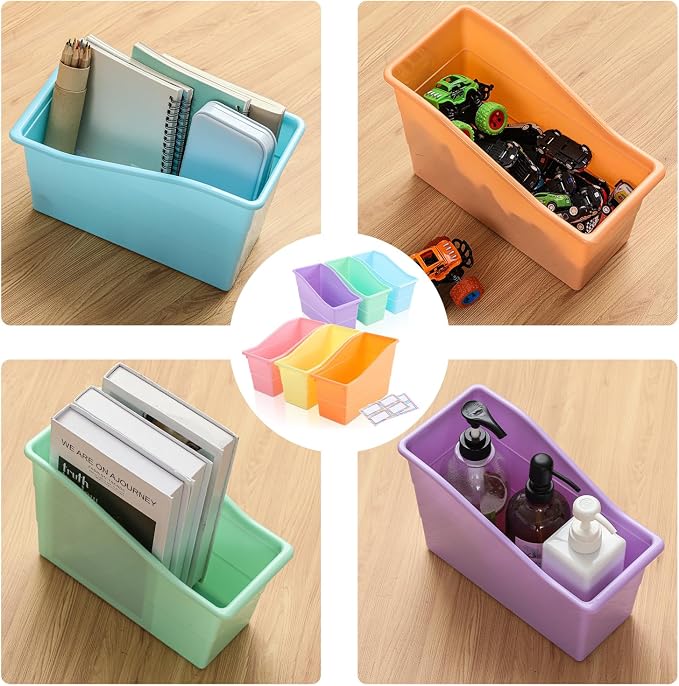 Blosssound 6 Set Book Bins for Classroom Stackable,Pastel | Plastic Baskets with Labels, Slanted Front, Library Supplies Organizers, Desktop Storage Bins, Teachers Home School Use - Image 7