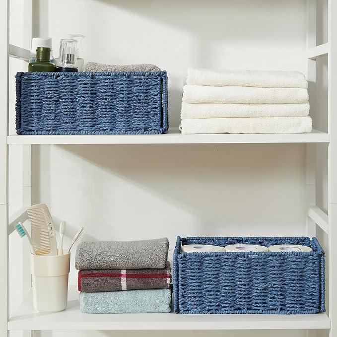 Wicker Storage Basket, Set of 2 Hand-Woven Paper Rope Wicker Basket, Small Storage Baskets for Organizing Toilet Paper, Foldable Large Cube Storage Organizer Bins for Shelves (Blue) - Image 6