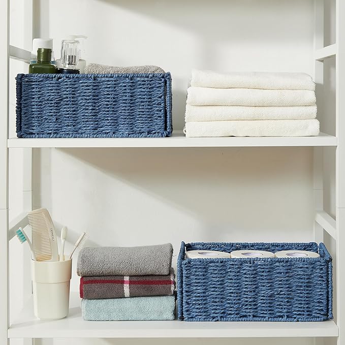 Wicker Storage Basket, Set of 2 Hand-Woven Paper Rope Wicker Basket, Small Storage Baskets for Organizing Toilet Paper, Foldable Large Cube Storage Organizer Bins for Shelves (Blue) - Image 6