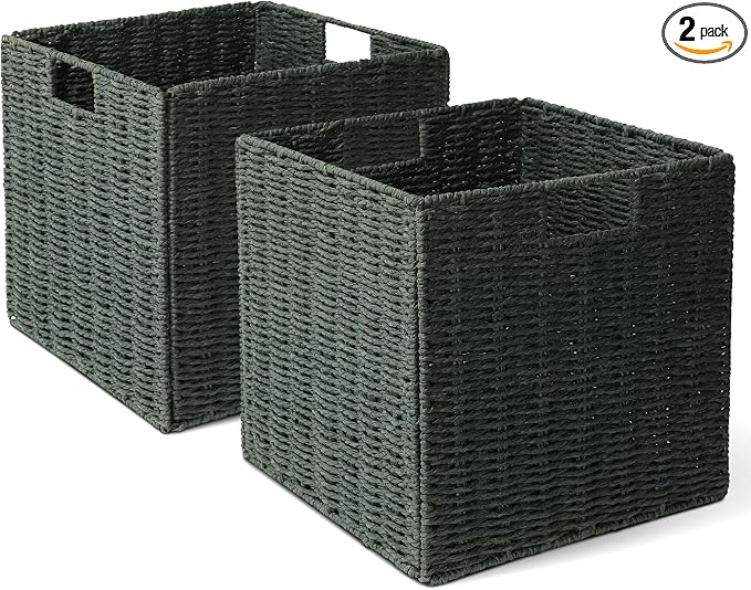 Set of 2 Hand-Woven Paper Rope Wicker Baskets, Storage Basket, Foldable Cube Storage Bins, Green Storage Cubes, Square Baskets for Organizing Shelves, 12x12x12in by WickerStorageBaskets