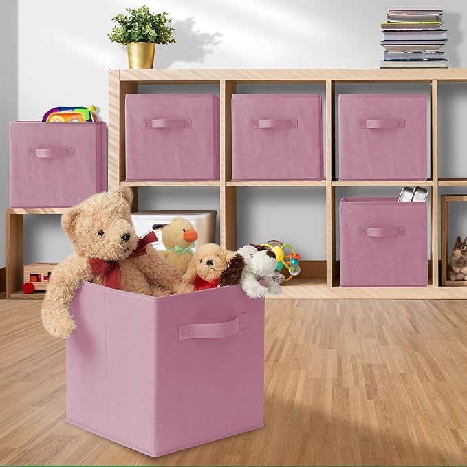 Casafield Set of 12 Collapsible Fabric Cube Storage Bins, Light Pink - 11" Foldable Cloth Baskets for Shelves, Cubby Organizers & More - Image 5