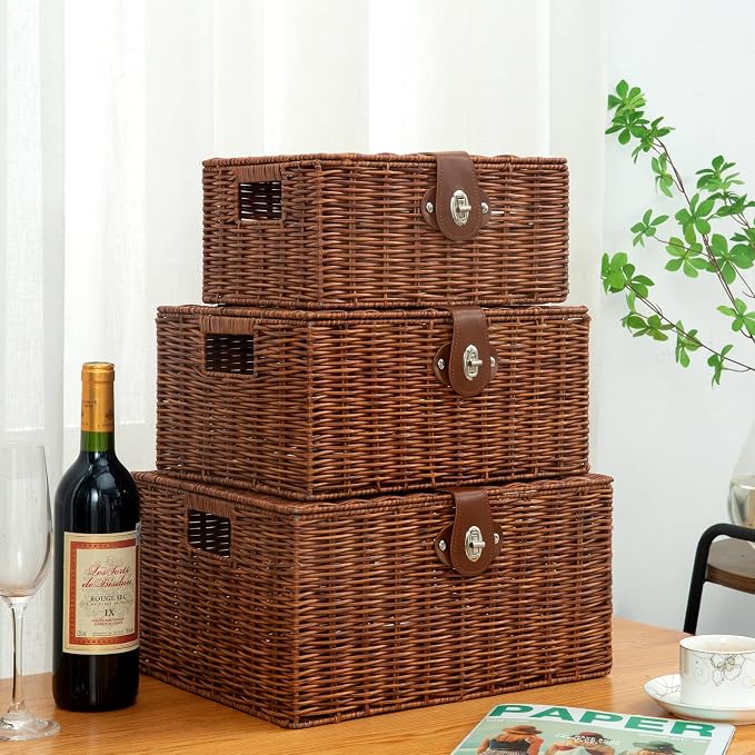 Set of 3 Woven Wicker Storage Basket Box with Lids & Lock, Built-in Carry Handles, Multifunctional Storage Organizer for Nursery, Baby, Toys, CLoset, DVD Large/Medium/Small Size (Natural) - Image 7