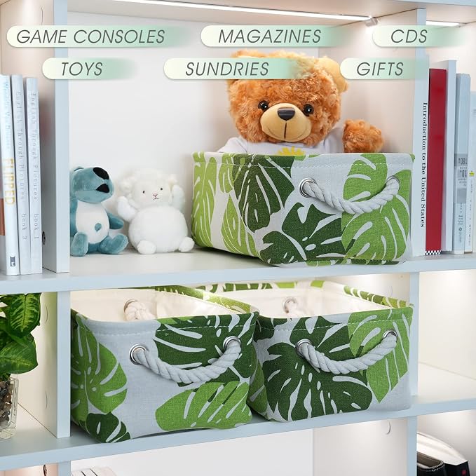 Organization and Storage Basket for Shelves - Small 6 Pack Fabric Storage Bin Collapsible Baskets for Organizing with Handle for Cloth Decorative Laundry Canvas (Banana Leaf 12x8x5.2 inch) - Image 2