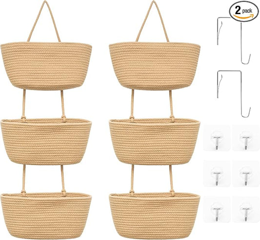 3-Tier Over the Door Hanging Basket (Set of 2) Adjustable, Detachable Woven Storage Baskets with Wall and Door Hooks - Decorative Boho Organizer for Nursery, Playroom, Bedroom, Kitchen, Apartment by Unknown