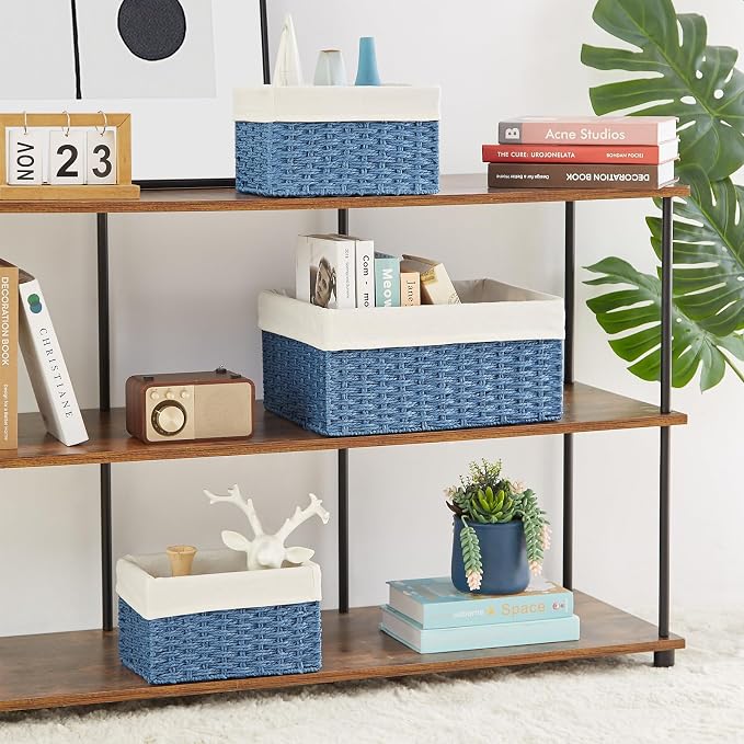 Wicker Basket, Set of 3 Hand-woven Storage Baskets for Organizing, Rectangle Wicker Storage Basket Bins with Handles, Small Toilet Paper Storage Baskets for Shelves & Decor, Blue - Image 4