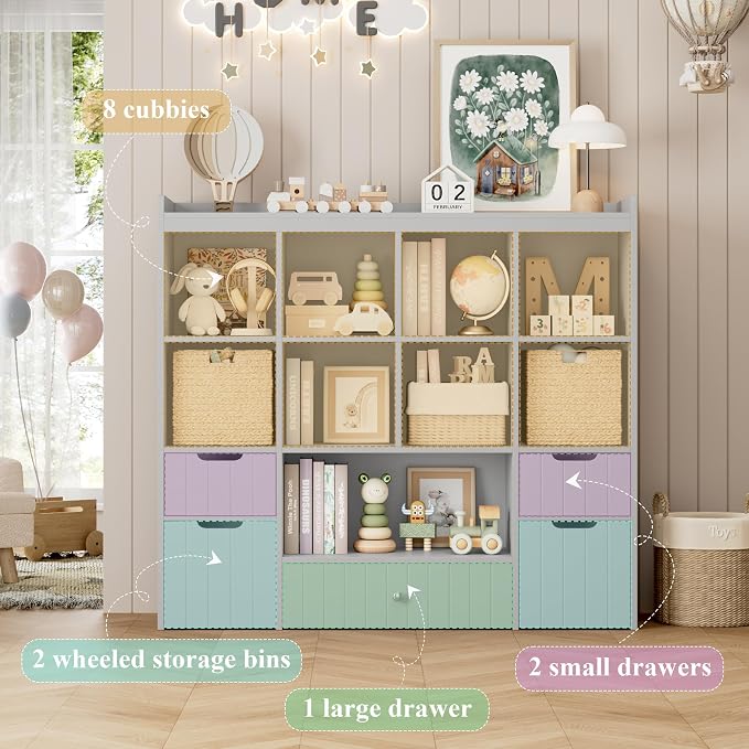 HORSTORS 48" W Kids Toy Storage Organizer, Kids Bookshelf w/Storage, Grey | 2 Mobile Toy Boxes & 3 Drawers, Toy Storage Chest with Open Cubbies for Boys and Girls, Kids Bookcase for Playroom, Classroom - Image 7