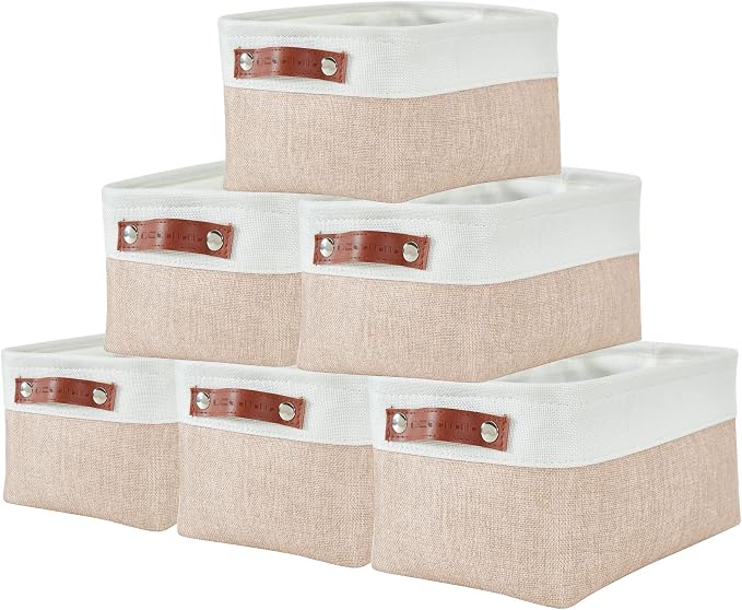 DECOMOMO Small Storage Basket, Closet Storage Bins | 6 Pack Baskets for Organizing Shelves, Decorative Linen Closet Baskets (Beige & White) by DECOMOMO