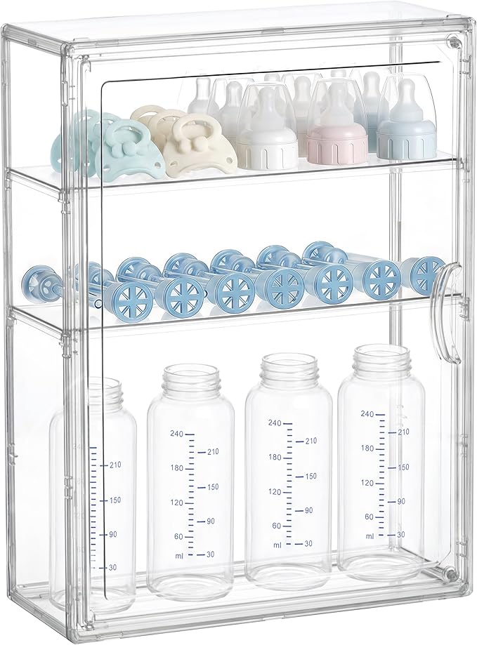 HBlife Baby Bottle Storage Organizer for Countertop Cabinet, 3 Tiers Adjustable Clear Acrylic Bottles Storage Station Case Box Container with 2 Removable Dividers and Magnetic Door, Medium by HBlife
