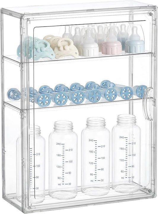 HBlife Baby Bottle Storage Organizer for Countertop Cabinet, 3 Tiers Adjustable Clear Acrylic Bottles Storage Station Case Box Container with 2 Removable Dividers and Magnetic Door, Medium by HBlife