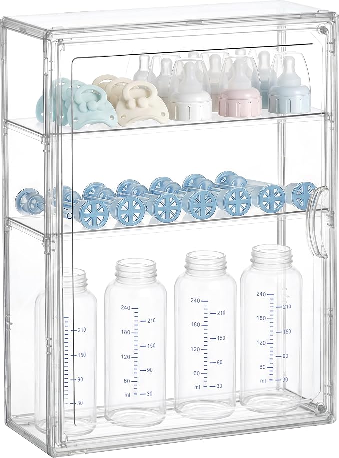 HBlife Baby Bottle Storage Organizer for Wall Countertop Cabinet, 3 Tiers Adjustable Clear Acrylic Bottles Storage Station Case Box Container with 2 Removable Dividers and Magnetic Door, Small by HBlife