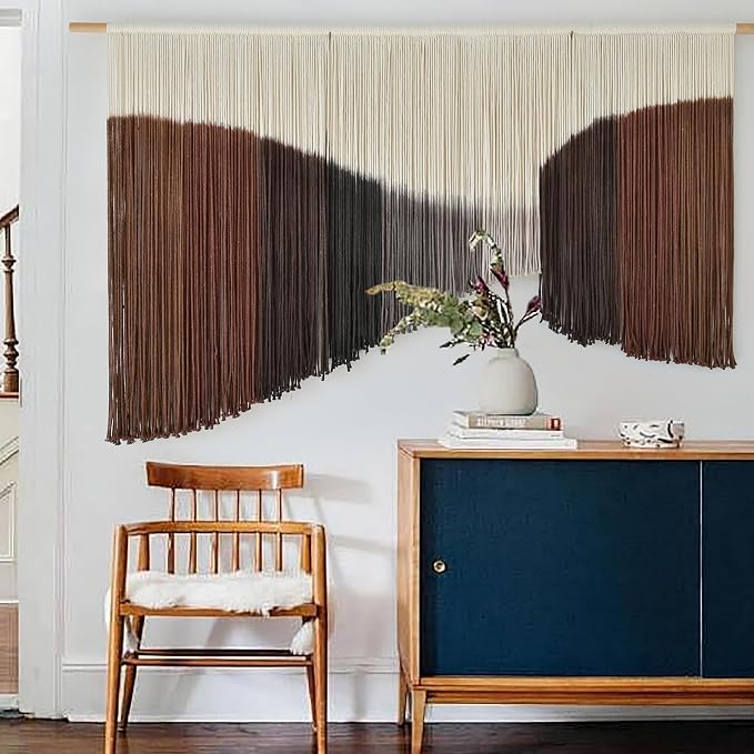 Jakalin Macrame Wall Hanging Brown Geometric Fiber Art Living Room 33" x57" | Geometric Dip-dyed Macrame Wall Art With Rich Brown-red Tones, Boho Texture, Artisan Character, and Home Style. - Image 4
