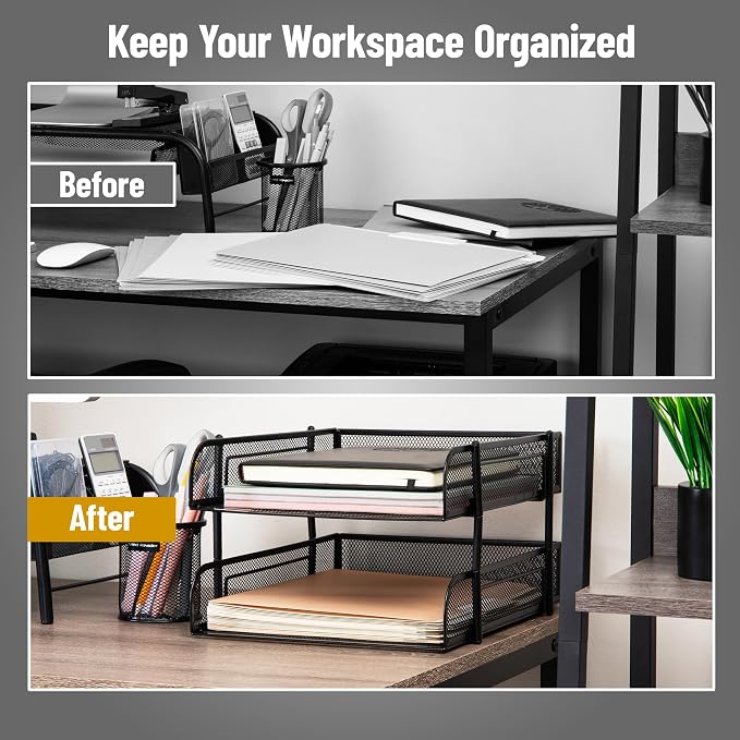 Mind Reader 2-Tier Stackable Paper Tray, Metal Mesh Desk Organizer for Files, Documents, and Mail, Office Desktop Storage, Set of 2, Black - Image 5