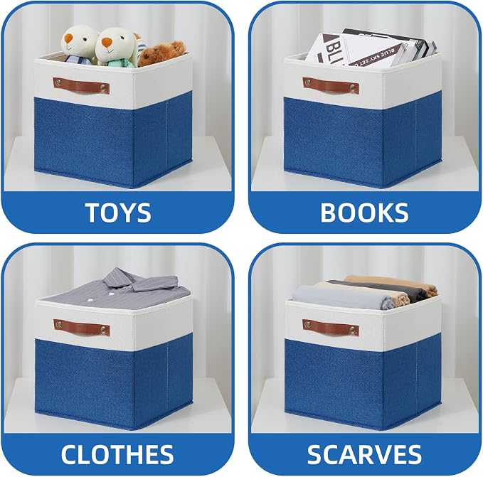 Temary 11 Storage Cube Bins for Shelves, Closet - 4 Pack Fabric Baskets With Leather Handles (White & Blue) - Image 4