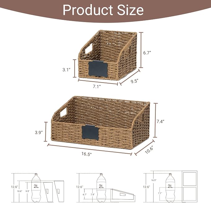 Wicker Baskets for Organizing, Pantry Baskets with Built-in Handles, Handwoven Wicker Storage Basket, Paper Storage Bins for Shelves, Small - 2pcs, Brown - Image 3